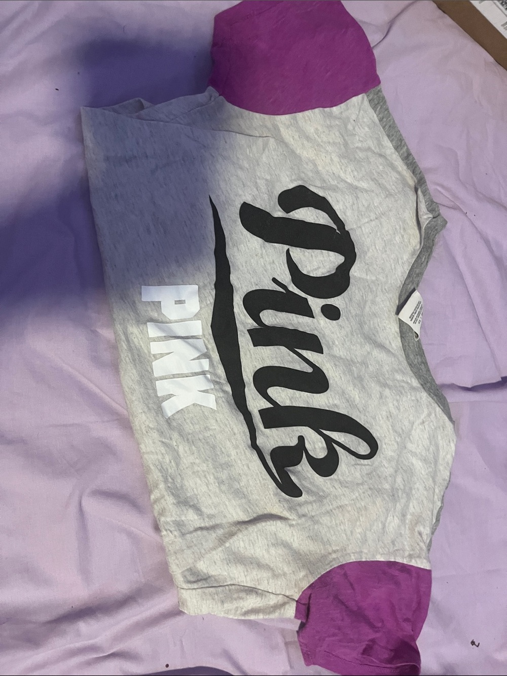 PINK Victoria's Secret Gray Tee with Purple Raglan Sleeves
